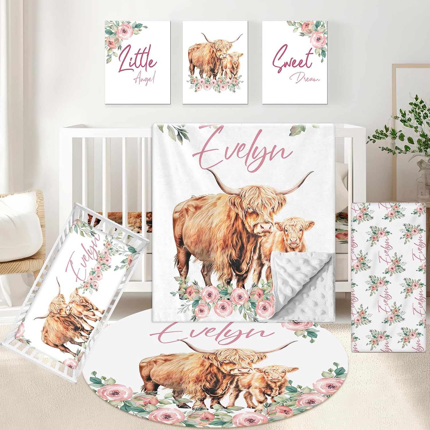 KAINSY Custom Crib Bedding Set 5 Piece for Girls Boys – Personalized Floral Highland Cow Theme, Newborn Sleep Set, Toddler Nursery Decor, Infant Sleep, Baby Room Accessories