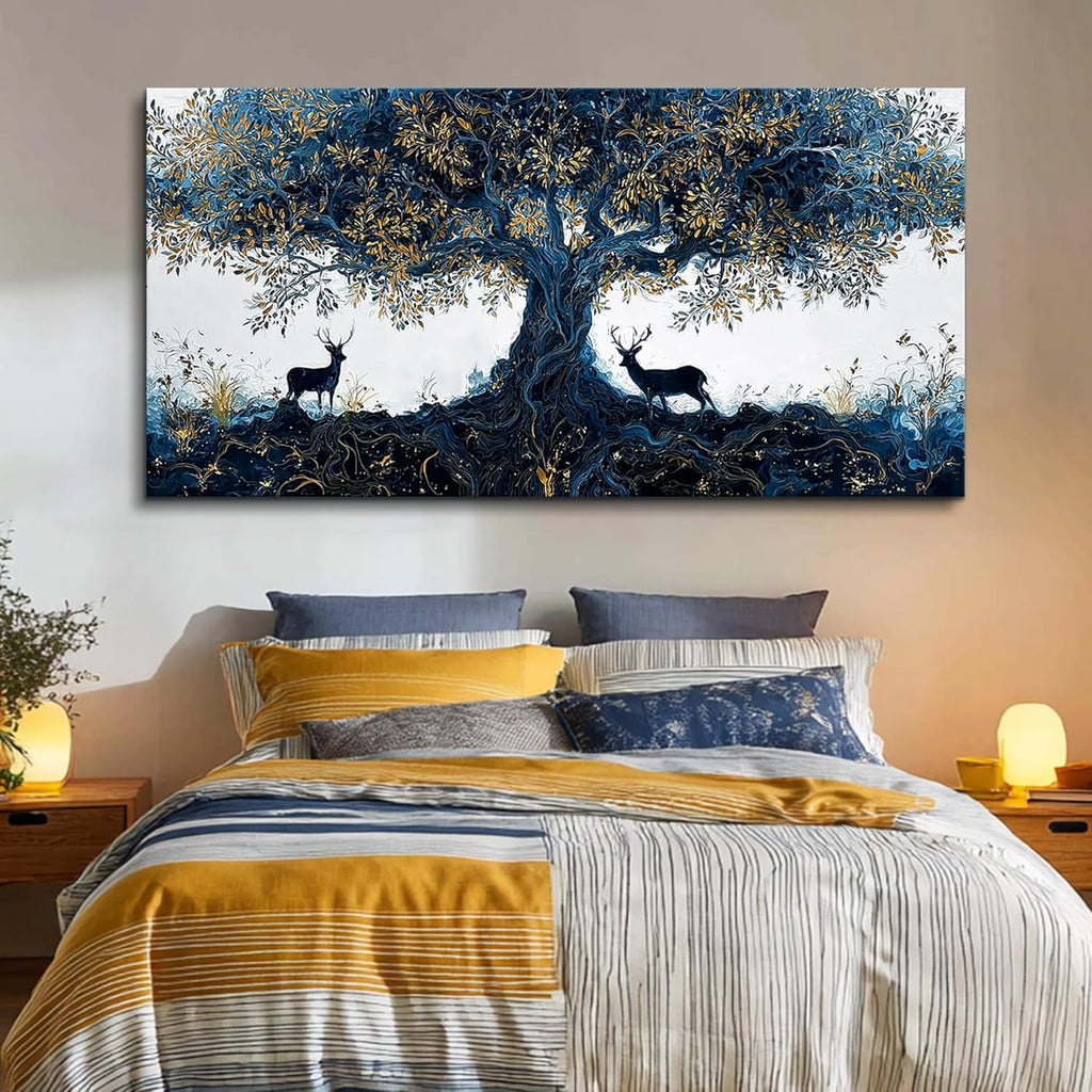 XIGUANGART Blue Tree of Life Wall Art, Large Pictures Wall Art for Living Room, Deer Oversized Wall Decor Elk Animal Canvas Print Painting Modern Extra Large Framed Artwork for Bedroom Office 60'x30'