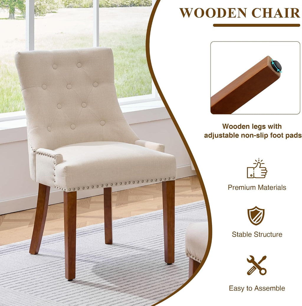 adochr Dining Chairs Set of 4, Upholstered Fabric Dining Room Chairs with Nailhead High Back & Ring Pull & Wooden Legs, Mid-Century Modern Kitchen Chairs for Restaurant, Living Room, Beige