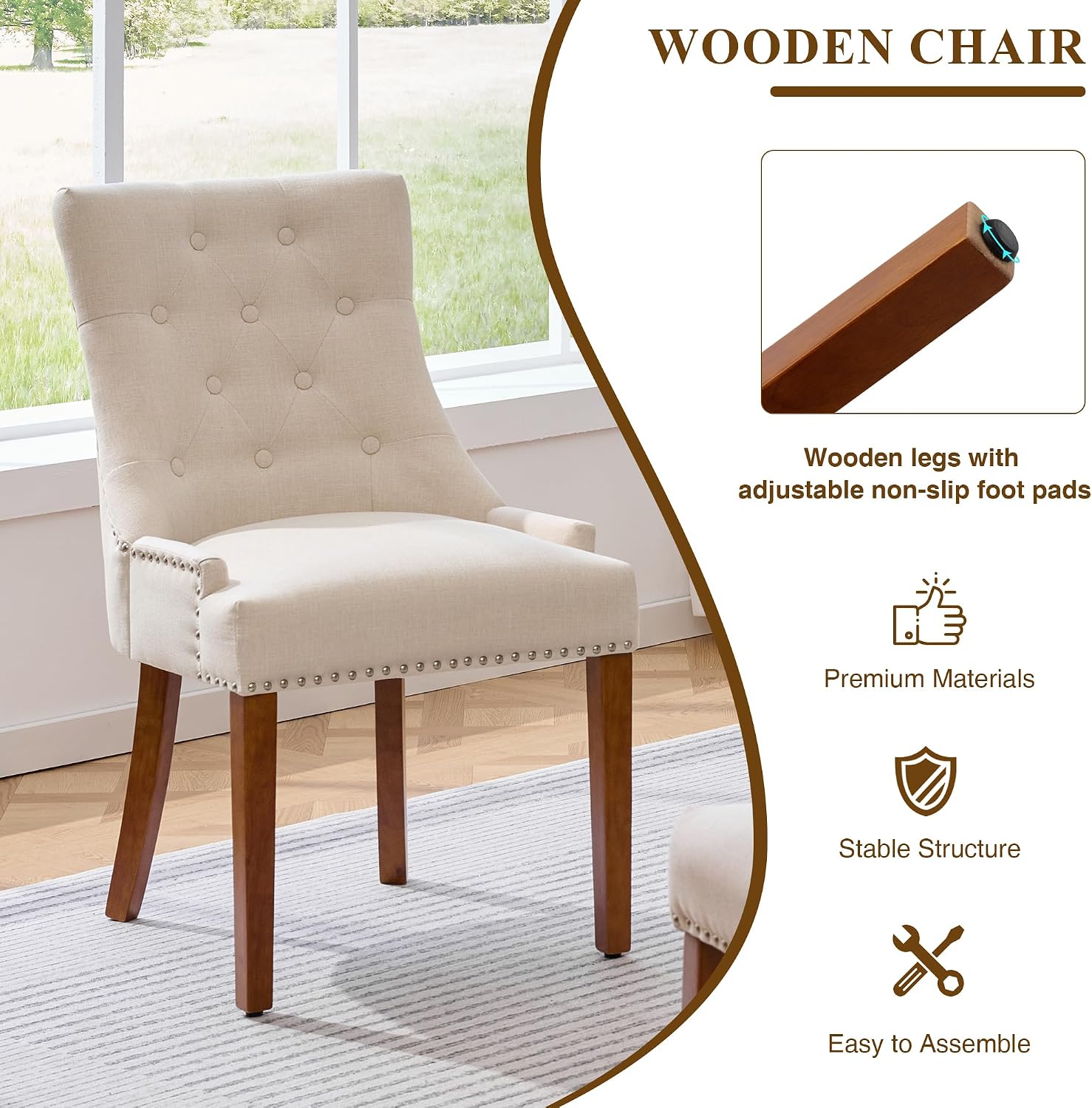 adochr Dining Chairs Set of 4, Upholstered Fabric Dining Room Chairs with Nailhead High Back & Ring Pull & Wooden Legs, Mid-Century Modern Kitchen Chairs for Restaurant, Living Room, Beige