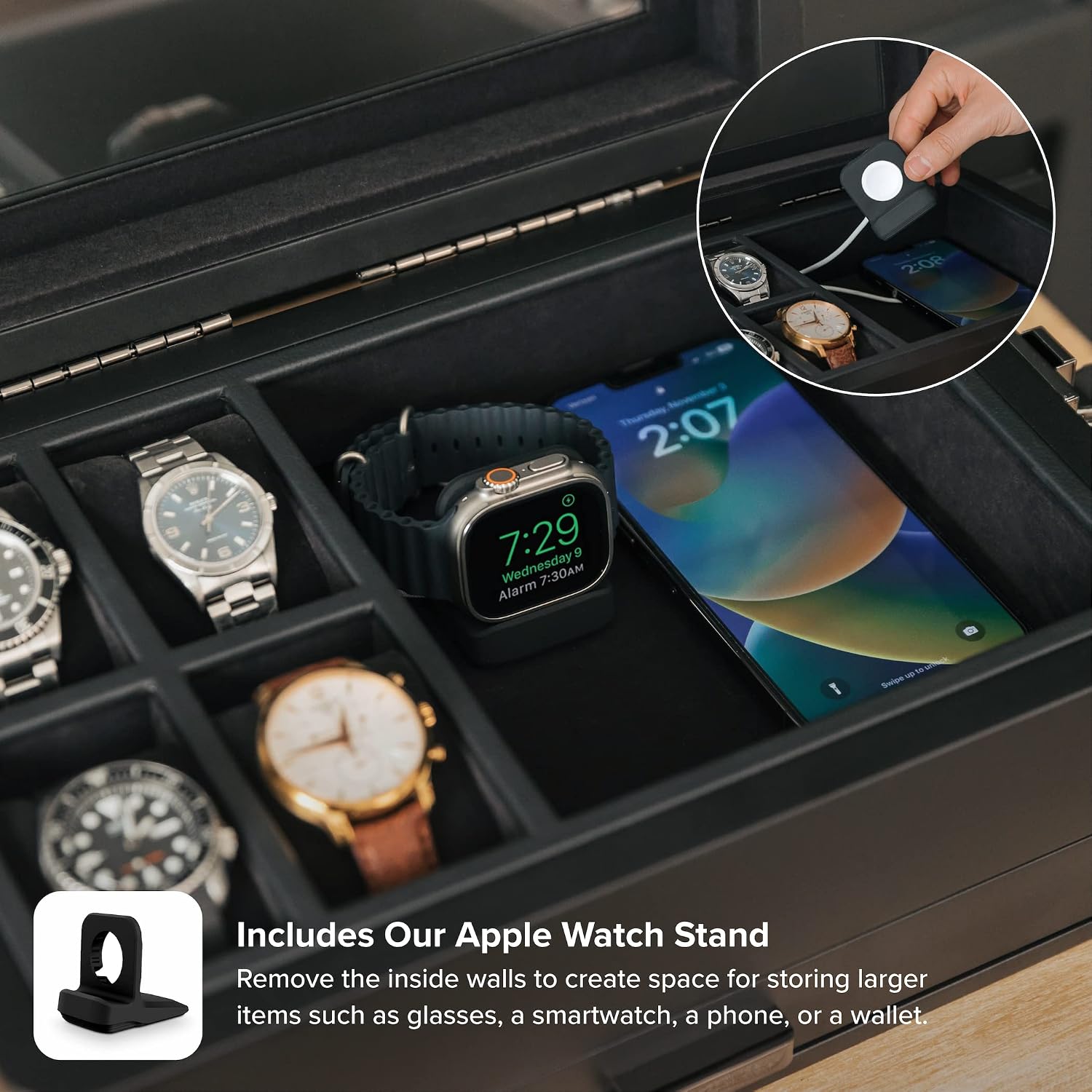 CASE ELEGANCE Black Edition Military 10 Slot Watch Box Case Organizer for Men, Real Glass Top, Modular Valet Tray, Apple Watch Compatible with Apple Watch Stand, Accessory Drawer, Watch Pillow Stands