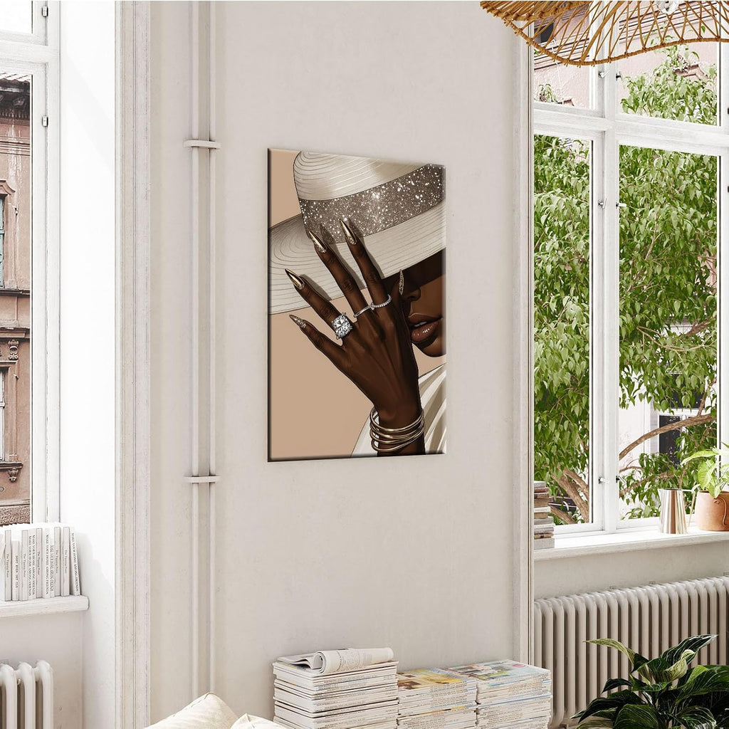 Fashion wall painting Black girl with white hat Canvas painting African poster is a good choice for room decoration Simple art 28x40in Wood Framed