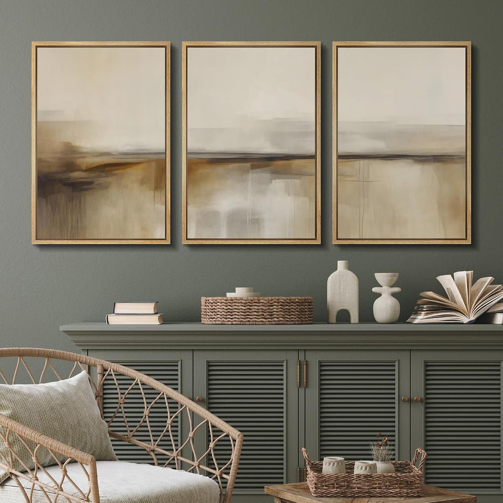 SIGNFORD Framed Canvas Print Wall Art Set Desert Haze Abstract Neutral Beige and Brown Illustrations Modern Art Relax/Calm for Living Room, Bedroom, Office - 24'x36'x3 Natural