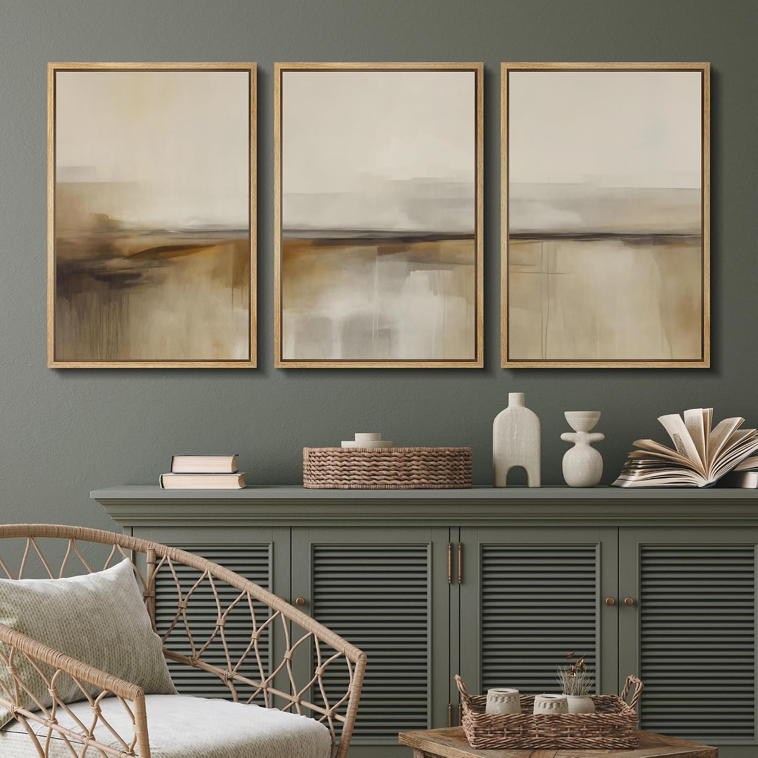 SIGNFORD Framed Canvas Print Wall Art Set Desert Haze Abstract Neutral Beige and Brown Illustrations Modern Art Relax/Calm for Living Room, Bedroom, Office - 24'x36'x3 Natural