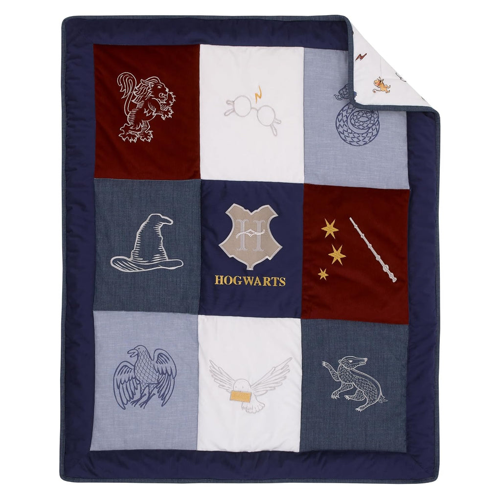 Warner Brothers Harry Potter Welcome Little Wizard Navy, Burgundy, Denim Blue and White, Appliqued 3 Piece Crib Bedding Set - Comforter, Fitted Crib Sheet, and Crib Skirt