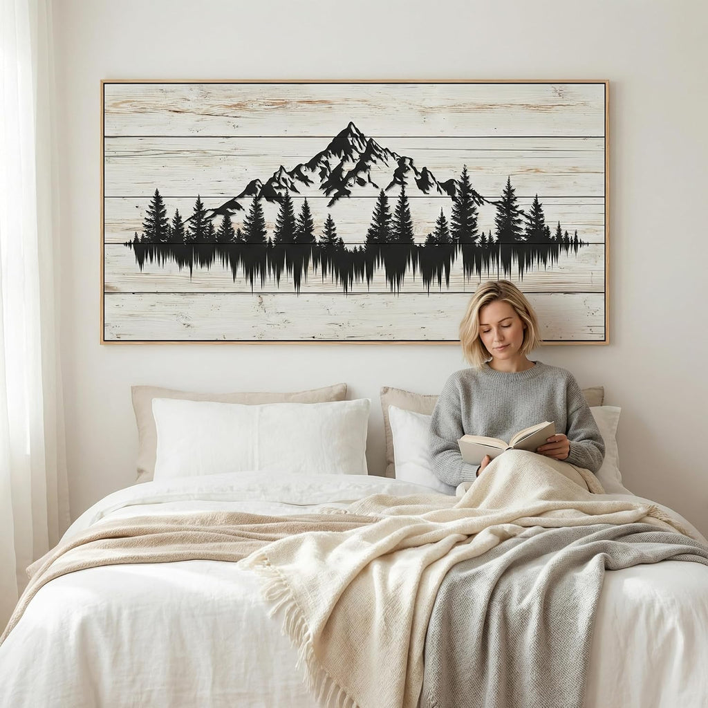 Tucai Decor Rustic Wood Grain Mountain Forest Wall Art for Living Room Bedroom Modern Framed Canvas Print Landscape Decor 24x48 Inch Serene Nature Home Art