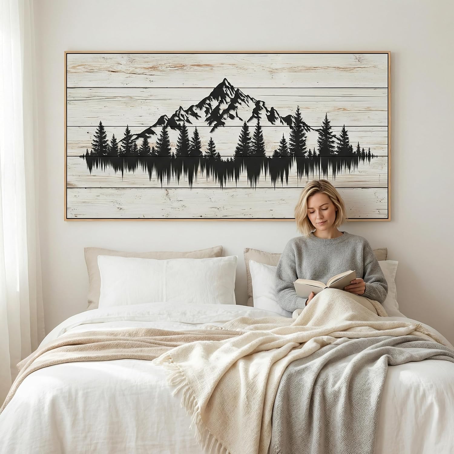 Tucai Decor Rustic Wood Grain Mountain Forest Wall Art for Living Room Bedroom Modern Framed Canvas Print Landscape Decor 24x48 Inch Serene Nature Home Art