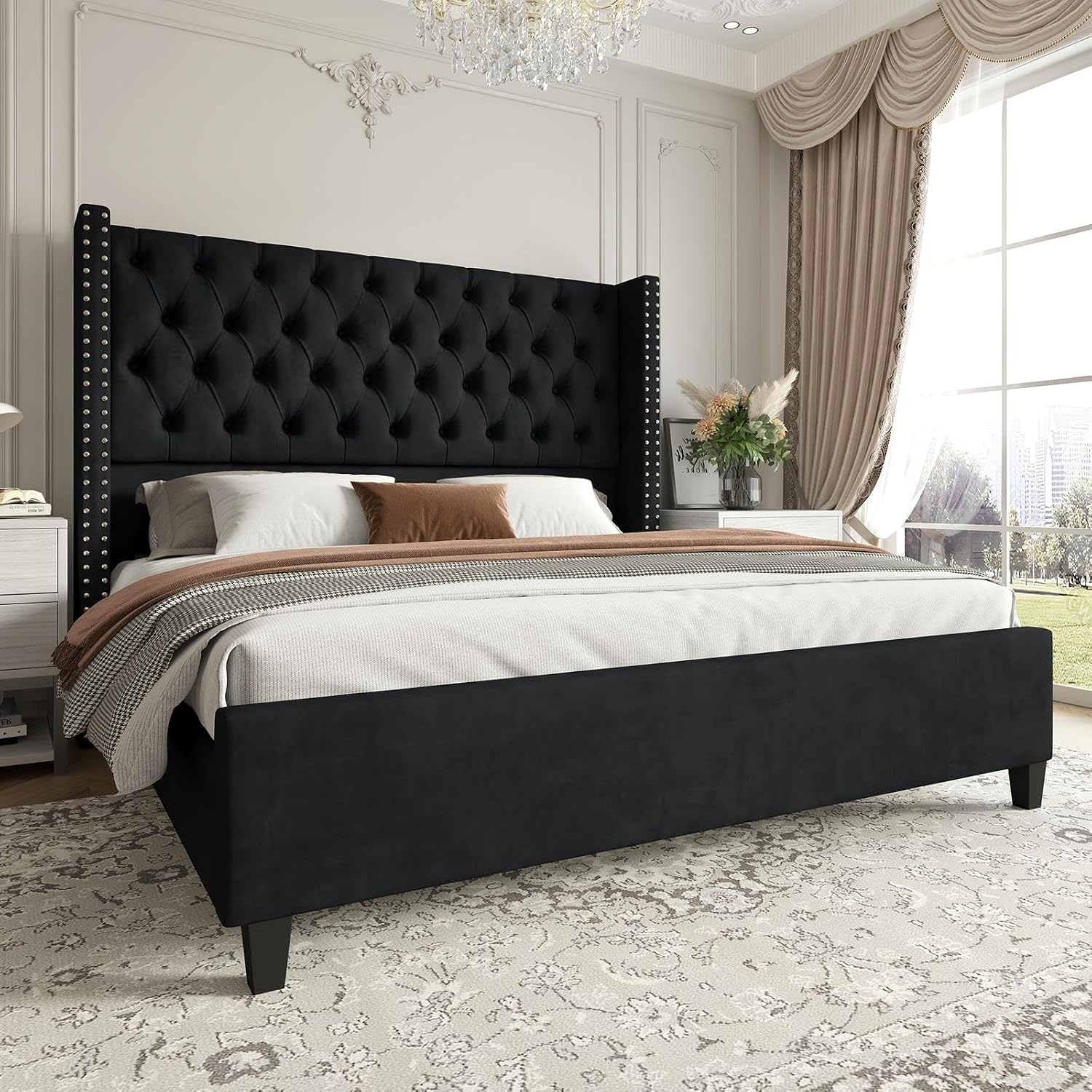 Jocisland Queen Size Velvet Upholstered Platform Bed Frame with 52' Tall Wingback Headboard, Deep Button Tufting, No Box Spring Required, Elegant Black