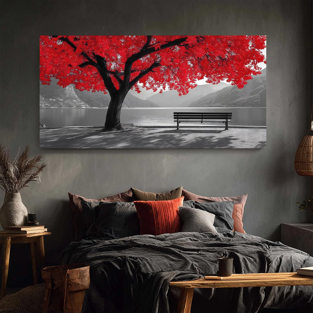 Tarfupth Black and White Red Large Tree of Life Wall Art for Living Room Mountain Artwork Landscape Lake Pictures for Bedroom Office Home Decor Modern Canvas Prints 29'x58'