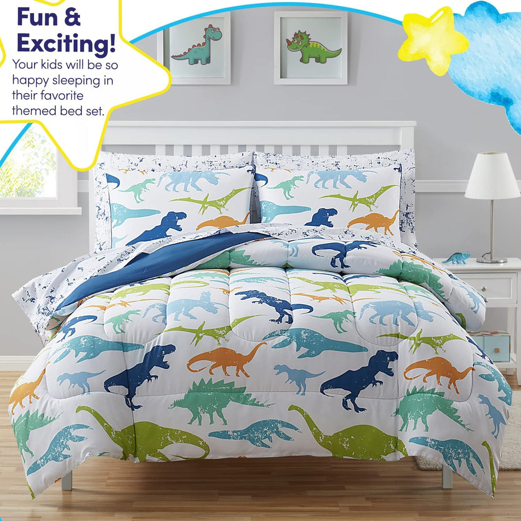 Kids Bedding Set Bed in a Bag for Boys and Girls Toddlers Printed Sheet Set and Comforter, Twin, Dinosaur (Pack of 4)