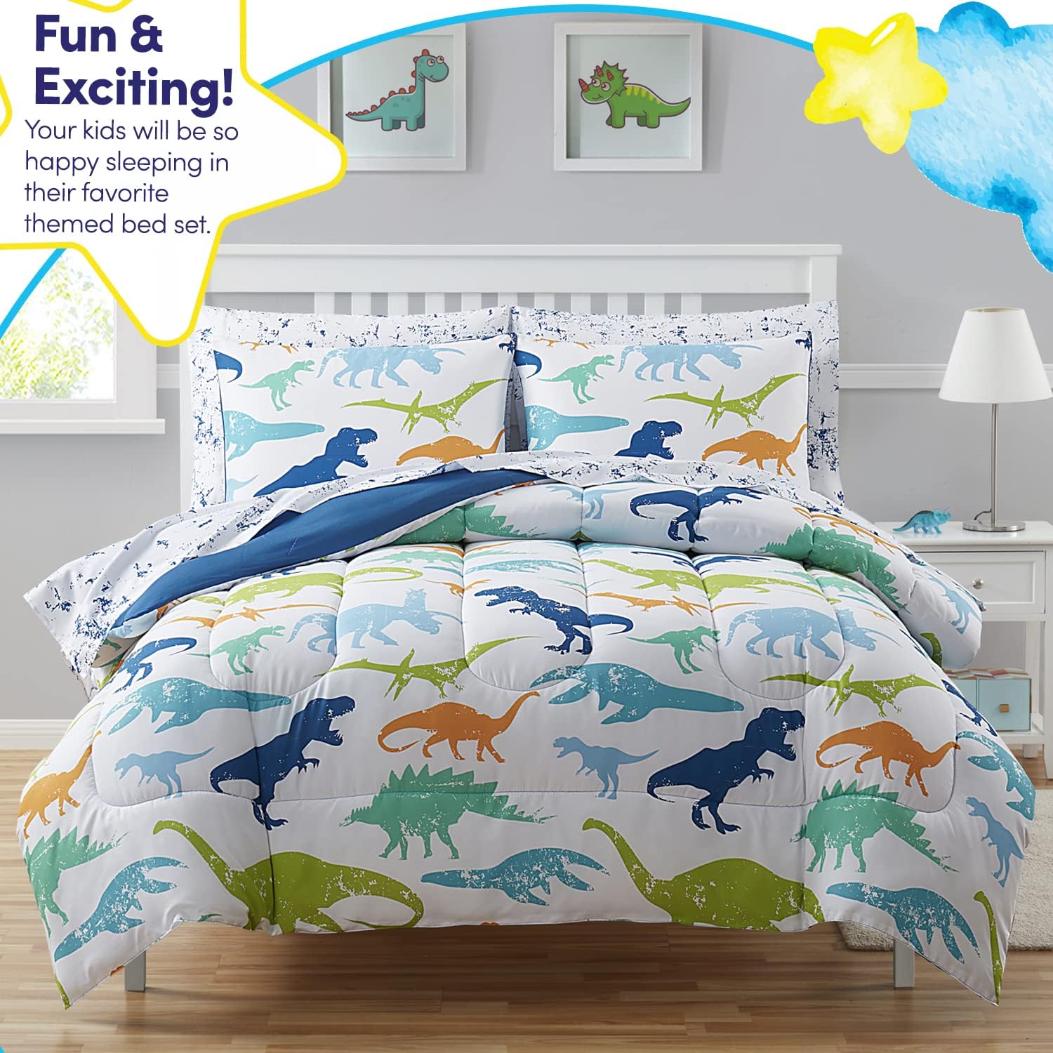 Kids Bedding Set Bed in a Bag for Boys and Girls Toddlers Printed Sheet Set and Comforter, Twin, Dinosaur (Pack of 4)