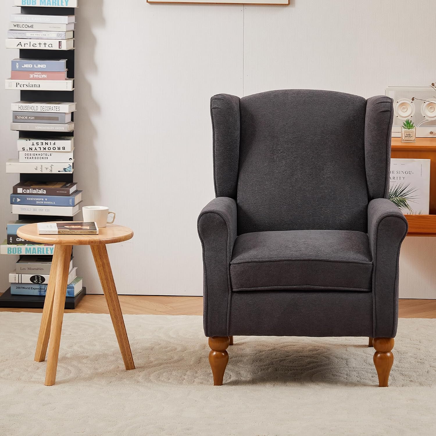 Mid-Century High Wingback Chair Set of 2,Modern Fabric Accent Chair Armchair with Solid Wood Coffee Table Set,Leisure Single Sofa Chair for Living Room,Club,Home Reception,Antique Dark Grey