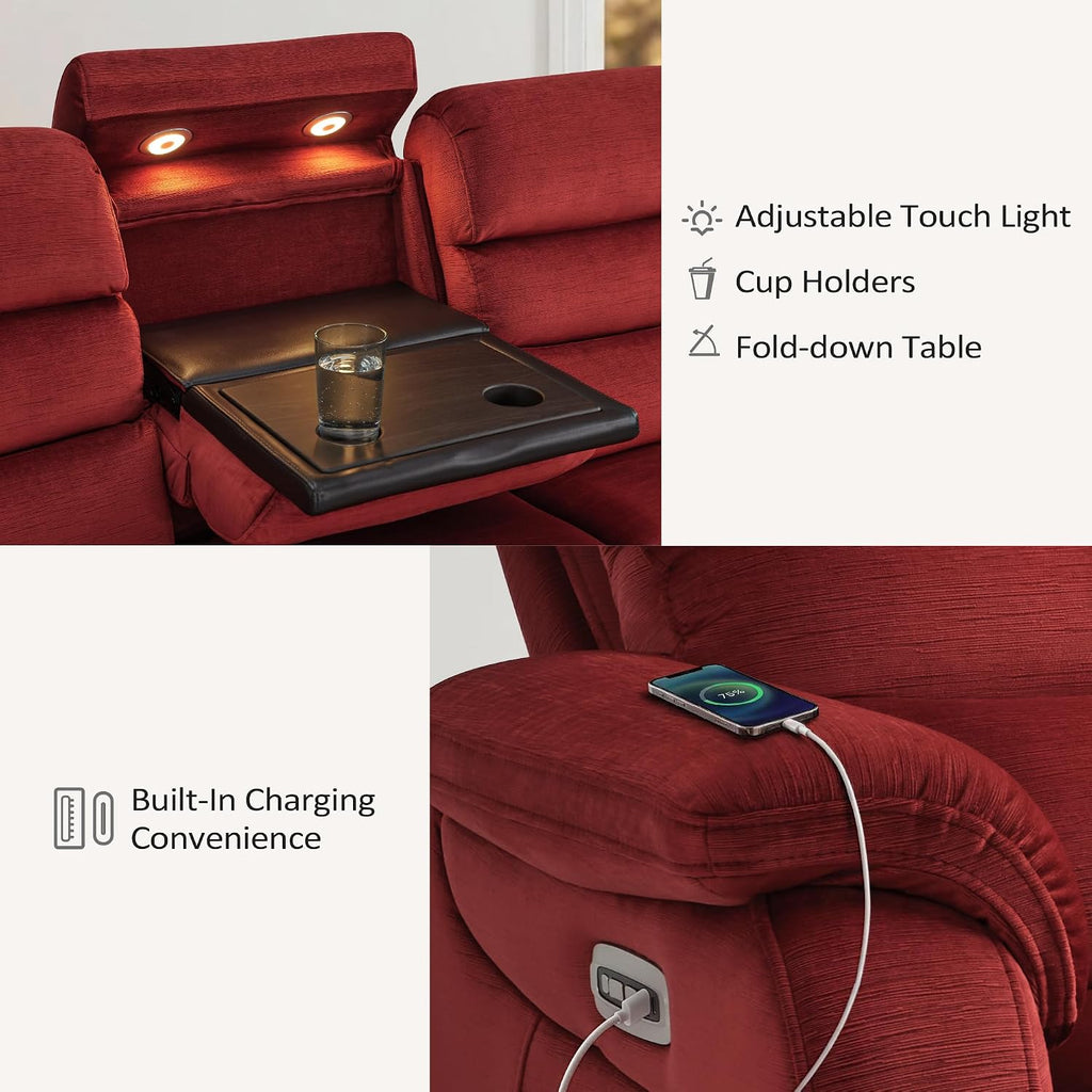 MCombo 87.2'' Wall Hugger Power Recliner Sofa with Drop Down Table, Reclining Sofa with Adjustable Headrest, USB Charge Ports, Reading Lamp, for Living Room, RVs, Fabric, ST258M3 (3-Seater, Burgundy)