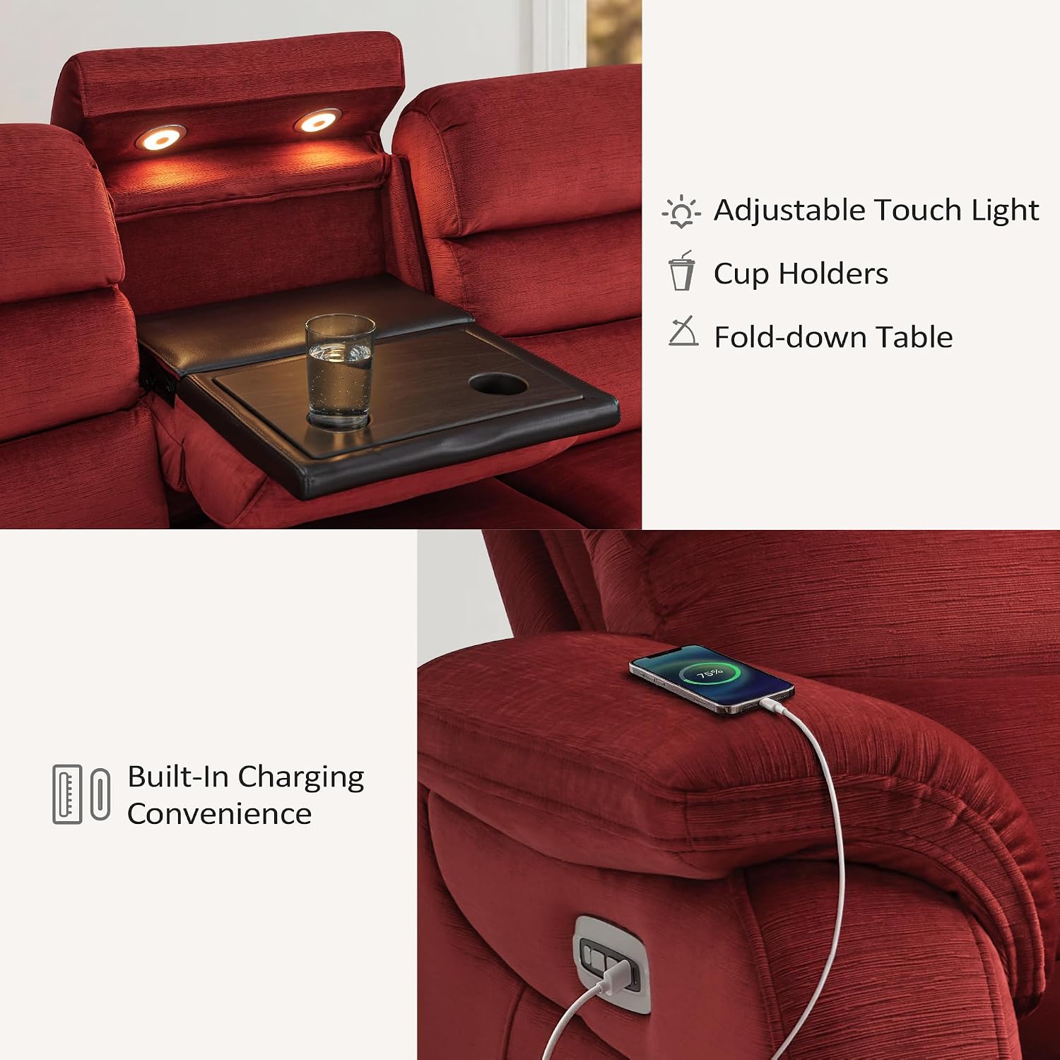 MCombo 87.2'' Wall Hugger Power Recliner Sofa with Drop Down Table, Reclining Sofa with Adjustable Headrest, USB Charge Ports, Reading Lamp, for Living Room, RVs, Fabric, ST258M3 (3-Seater, Burgundy)