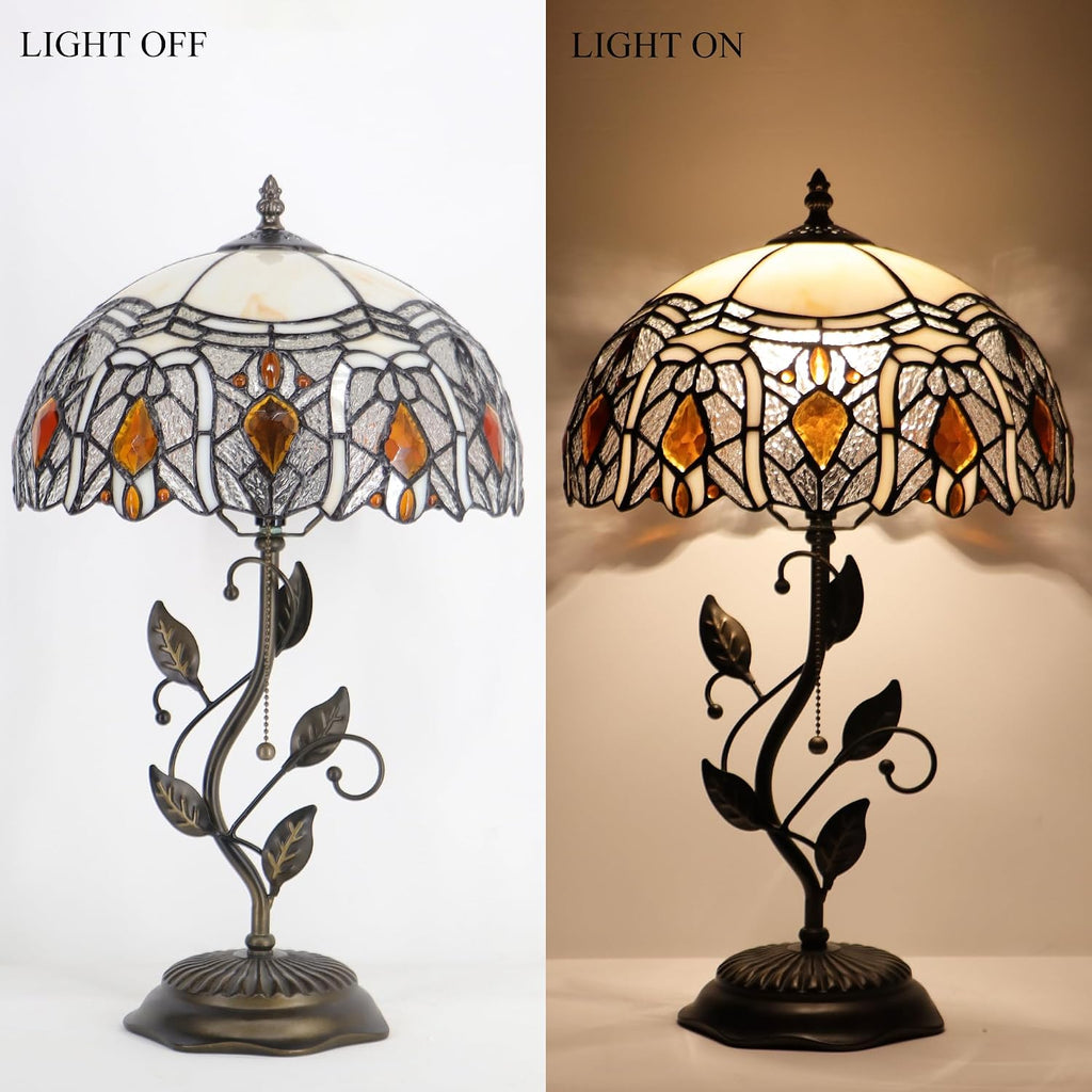 Tiffany Table Lamp Stained Glass Desk Lamp Metal Leaf Base Reading Light 12X19 Inch (Crystal Style)