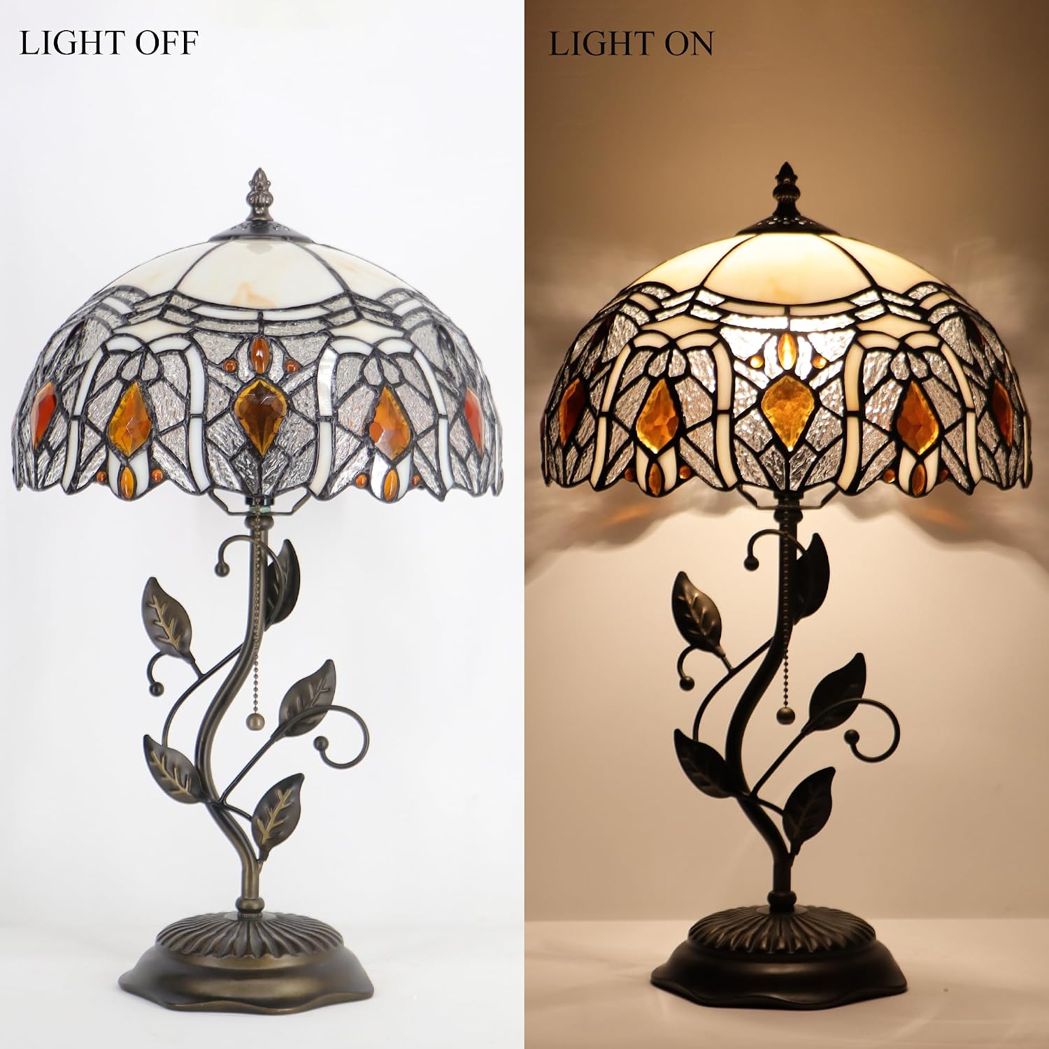 Tiffany Table Lamp Stained Glass Desk Lamp Metal Leaf Base Reading Light 12X19 Inch (Crystal Style)