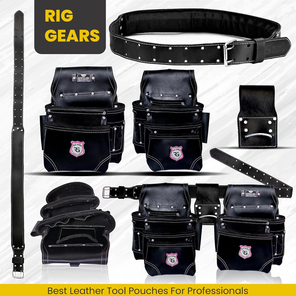Professional 11 Pockets Leather Tool Pouch Bags/Carpenter Tool Belt Set | Heavy-duty Drywall Pouch, Electrician Pouch, And Framing Tool Belt Pouches (Black, Standard)