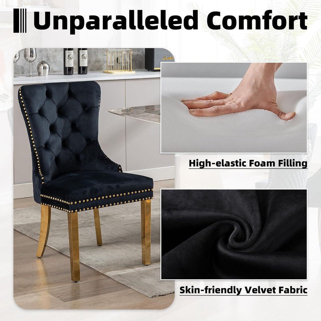 Velvet Dining Chairs Set of 4, Upholstered Dining Room Chairs, Mid-Century Modern Chairs with Diamond Lattice Tufted Back, Lion Pull Ring Rivet Trim, Golden Metal Legs for Kitchen, Black