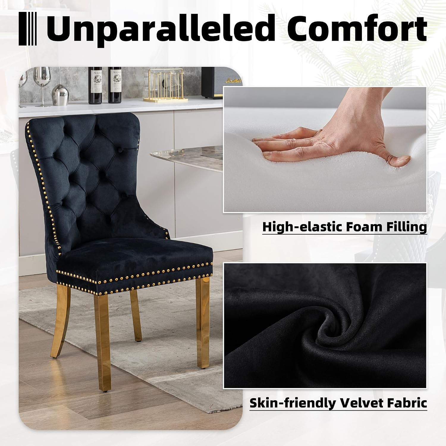 Velvet Dining Chairs Set of 6, Upholstered Dining Room Chairs, Mid-Century Modern Chairs with Diamond Lattice Tufted Back, Lion Pull Ring Rivet Trim, Golden Metal Legs for Kitchen, Black