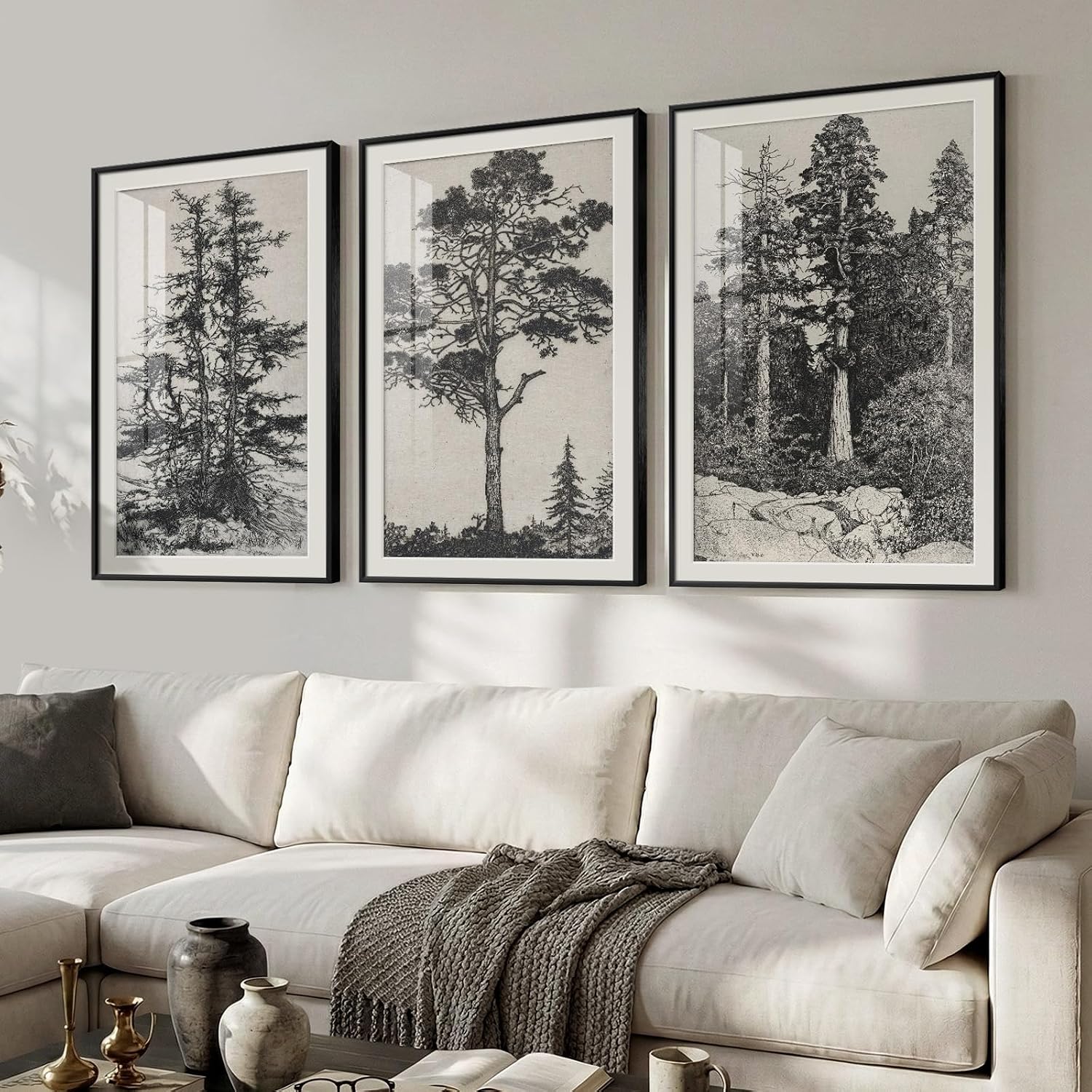 Large Framed Vintage Wall Art for Living Room, Black and White Tree 3 Piece Artwork for Walls, Modern Classic Rustic Sketch Forest Botanical Canvas Painting Prints for Office Wall Decor 24x36 In