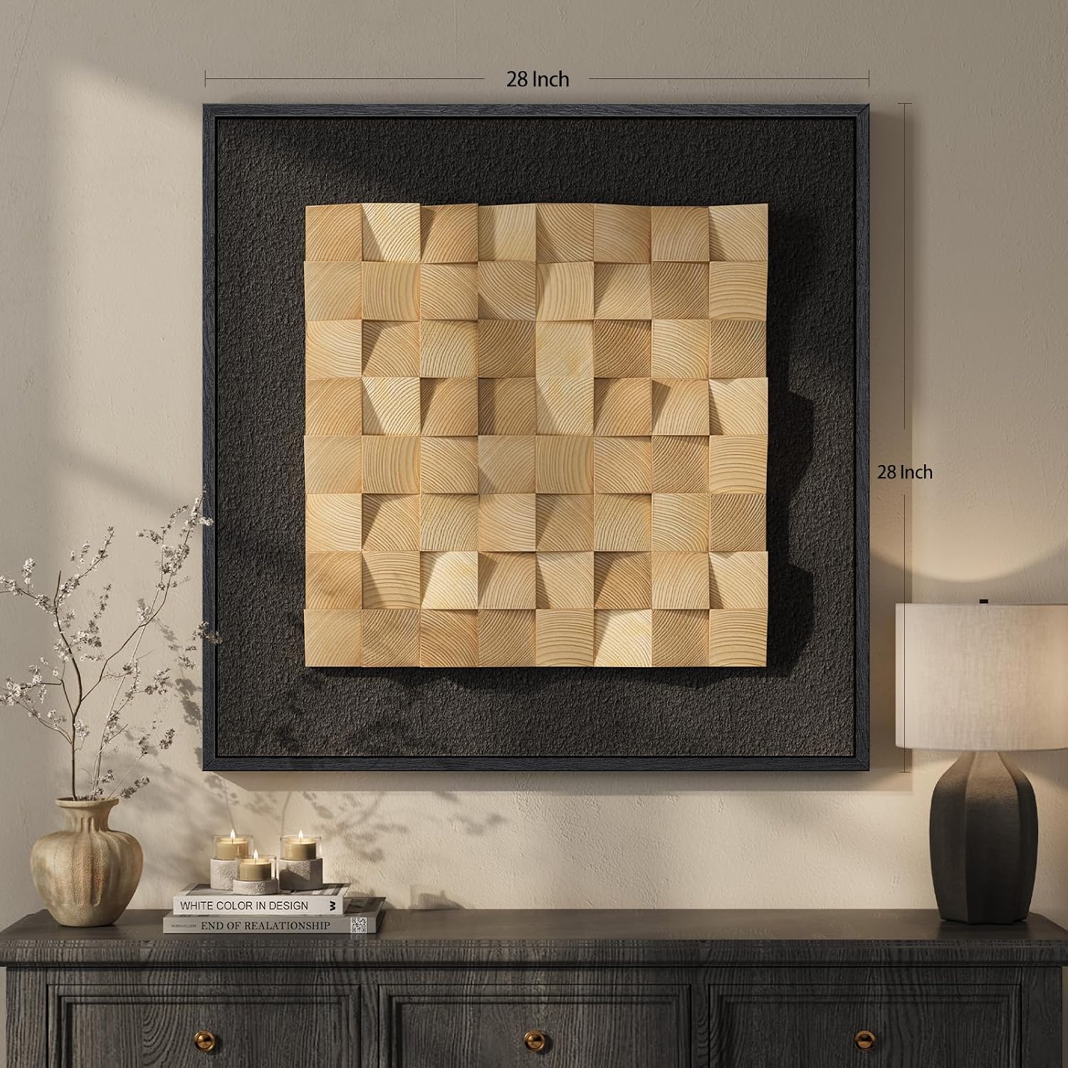Framed 3D Textured Wood Wall Art, Modern Minimalist Nature Wood Geometric Artwork for Walls, Contemporary Rustic Black Sandstone Painting Wall Decor for Living Room, Bedroom, Kitchen, Office, 28x28