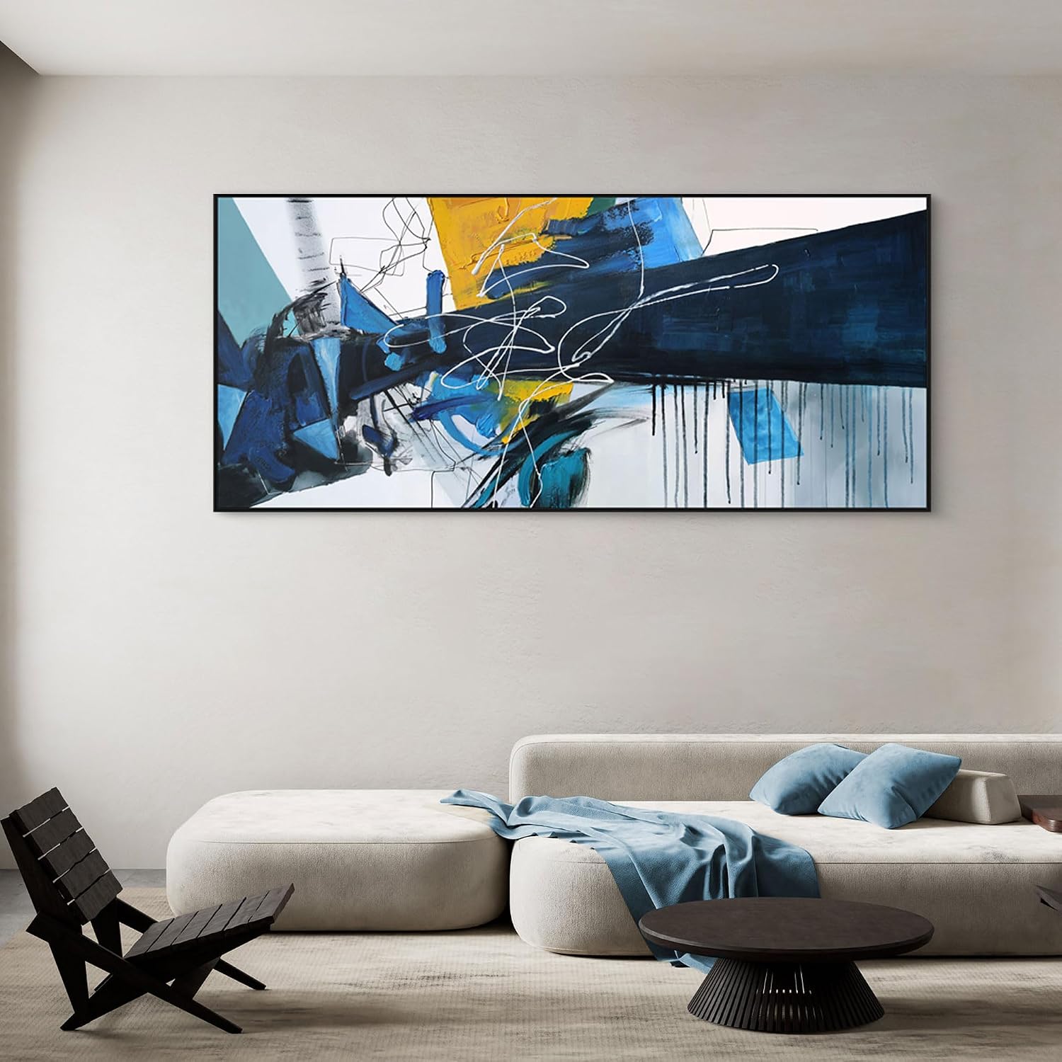 KLAKLA Wall Art for Living Room - Blue Abstract Canvas Pictures Framed Artwork for walls Extra Large Prints for Bedroom Above the Bed Decor 70x31 Inches