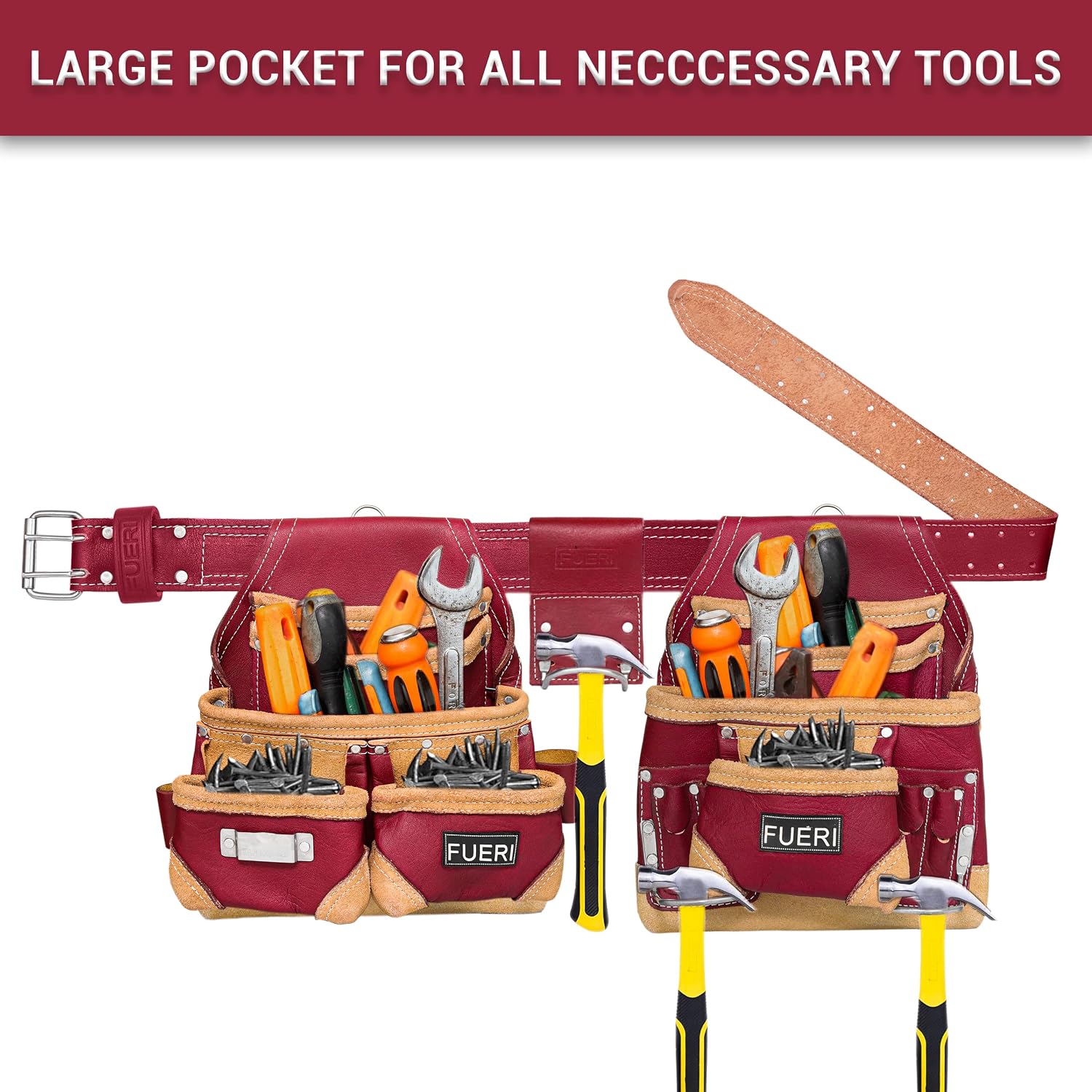 FUERI Leather Tool Belt for Men, 16 Pocket Pro Framing Combo Comes with Heavy Duty Tools Pouches, Triple Hammer holder, Adjustable Padded Belt, and 4 Suspender Loops for Electrician and carpenter's