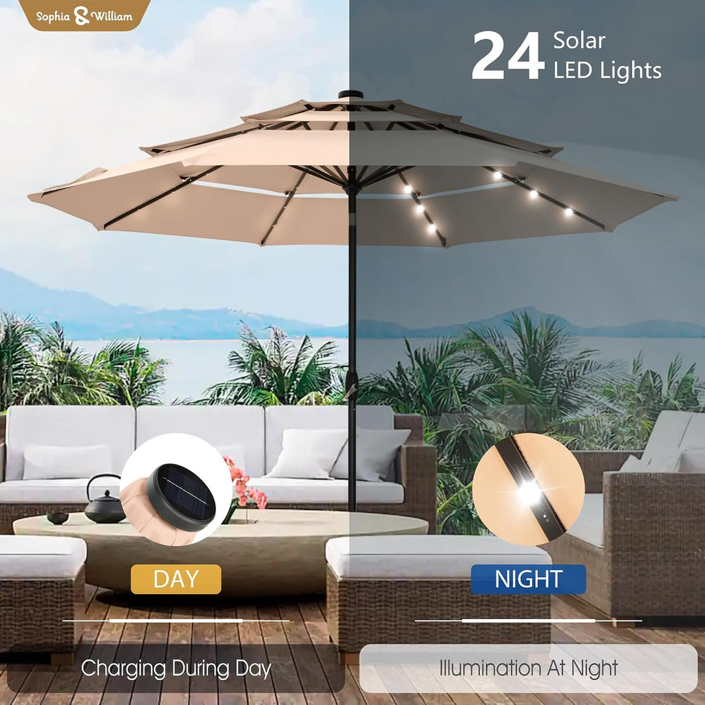 Sophia & William 10ft Patio Umbrellas 3-Tier Umbrella Outdoor Patio Umbrellas with Lights Vented Top 24 LED lights Adjustable Tilt for Pool Garden Backyard, Beige