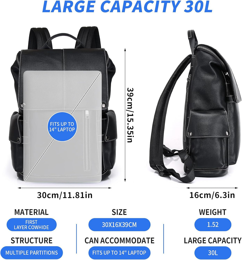 Nappa Genuine Leather Backpack for Men Multi-Functional 15' Laptop Backpack, Black Business Casual Travel Backpack Work Daypack