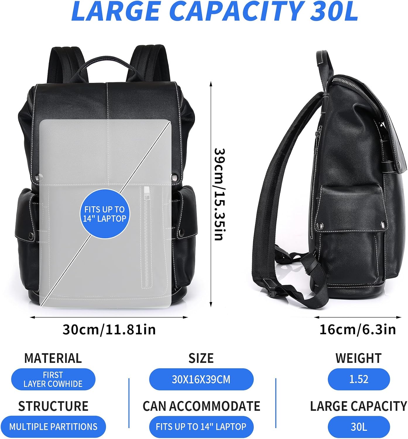 Nappa Genuine Leather Backpack for Men Multi-Functional 15' Laptop Backpack, Black Business Casual Travel Backpack Work Daypack