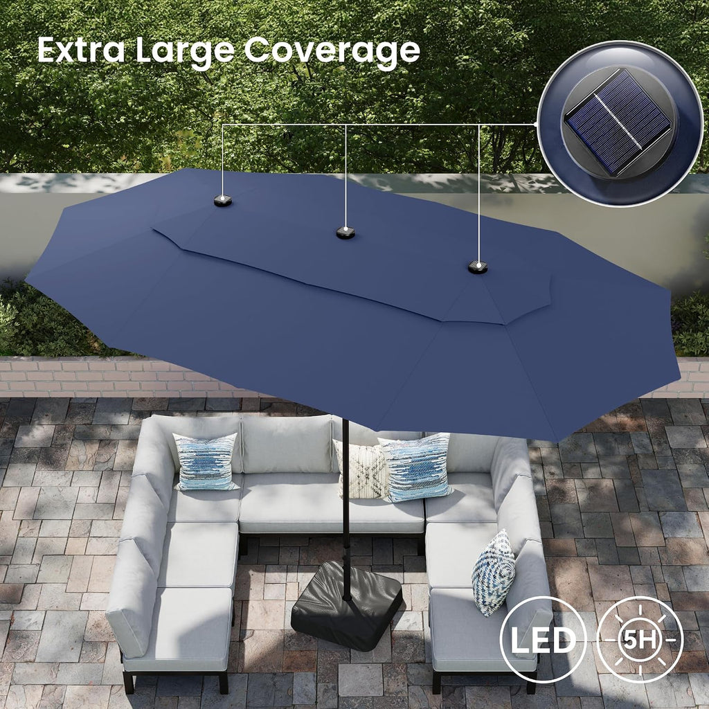 PHI VILLA 15ft 2-Tier Large Patio Umbrella with Solar Lights, Double-Sided Outdoor Market Rectangle Umbrellas with 36 LED Lights, Umbrella Base (Stand) Included, Blue