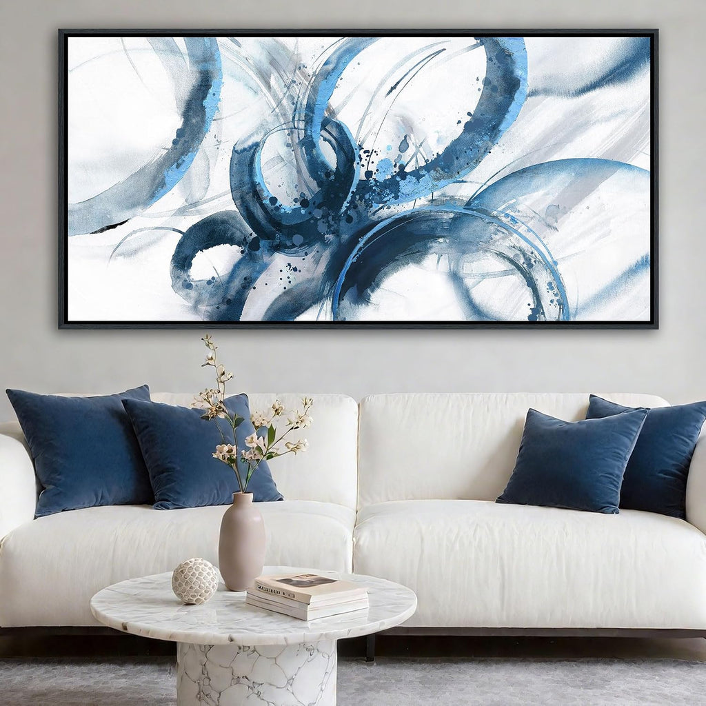 AJAZIKO Blue Abstract Canvas Wall Art for Living Room - Large Modern Navy & White Framed Artwork, Extra Large Bedroom Wall Decor, Sophisticated Office Pictures 30×60IN