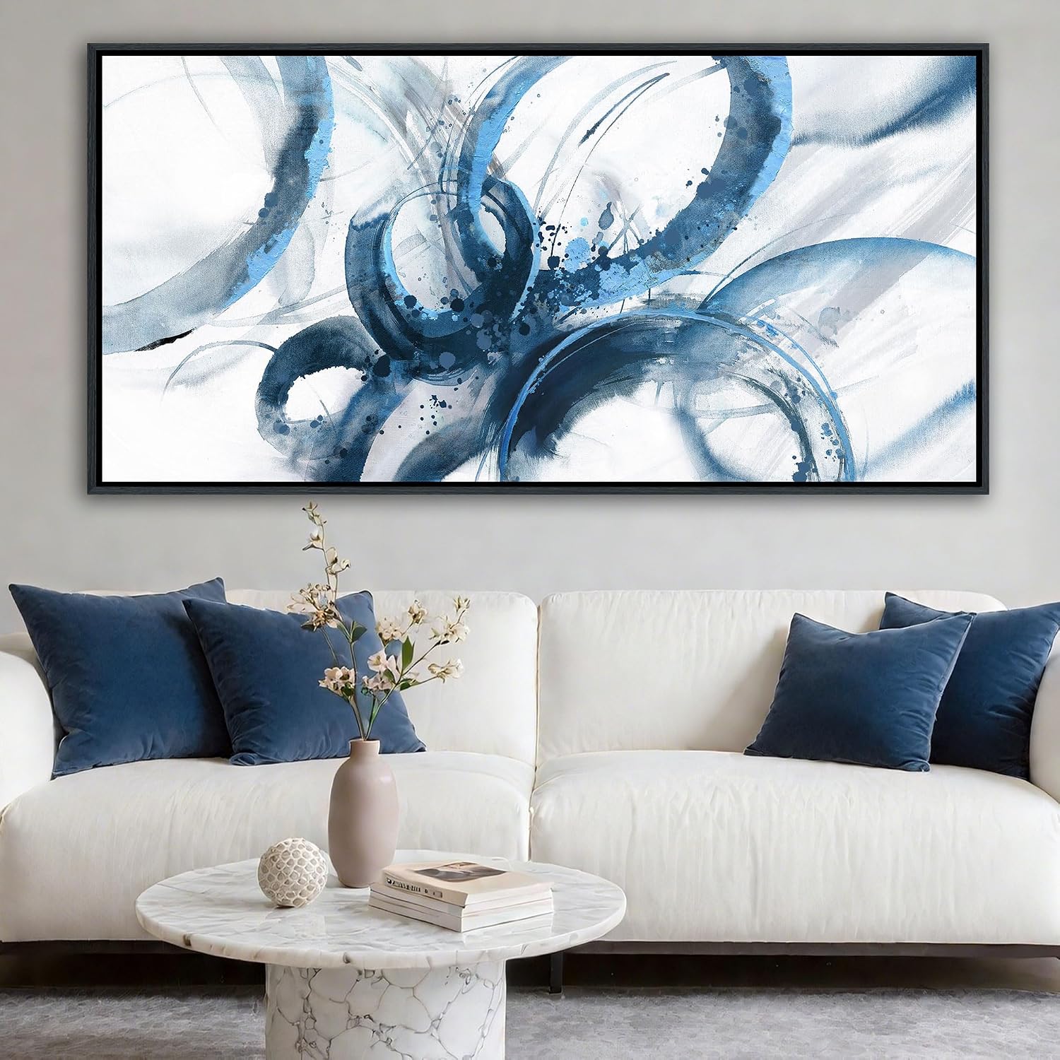 AJAZIKO Blue Abstract Canvas Wall Art for Living Room - Large Modern Navy & White Framed Artwork, Extra Large Bedroom Wall Decor, Sophisticated Office Pictures 30×60IN