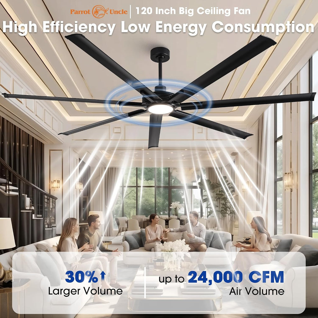 120 Inch Ceiling Fans with Lights and Remote, Industrial Black Large Ceiling Fan with LED Light, High CFM Reversible DC Motor Ceiling Fan for Shop Warehouse Gym Living Room, Dimmable & 3CCT
