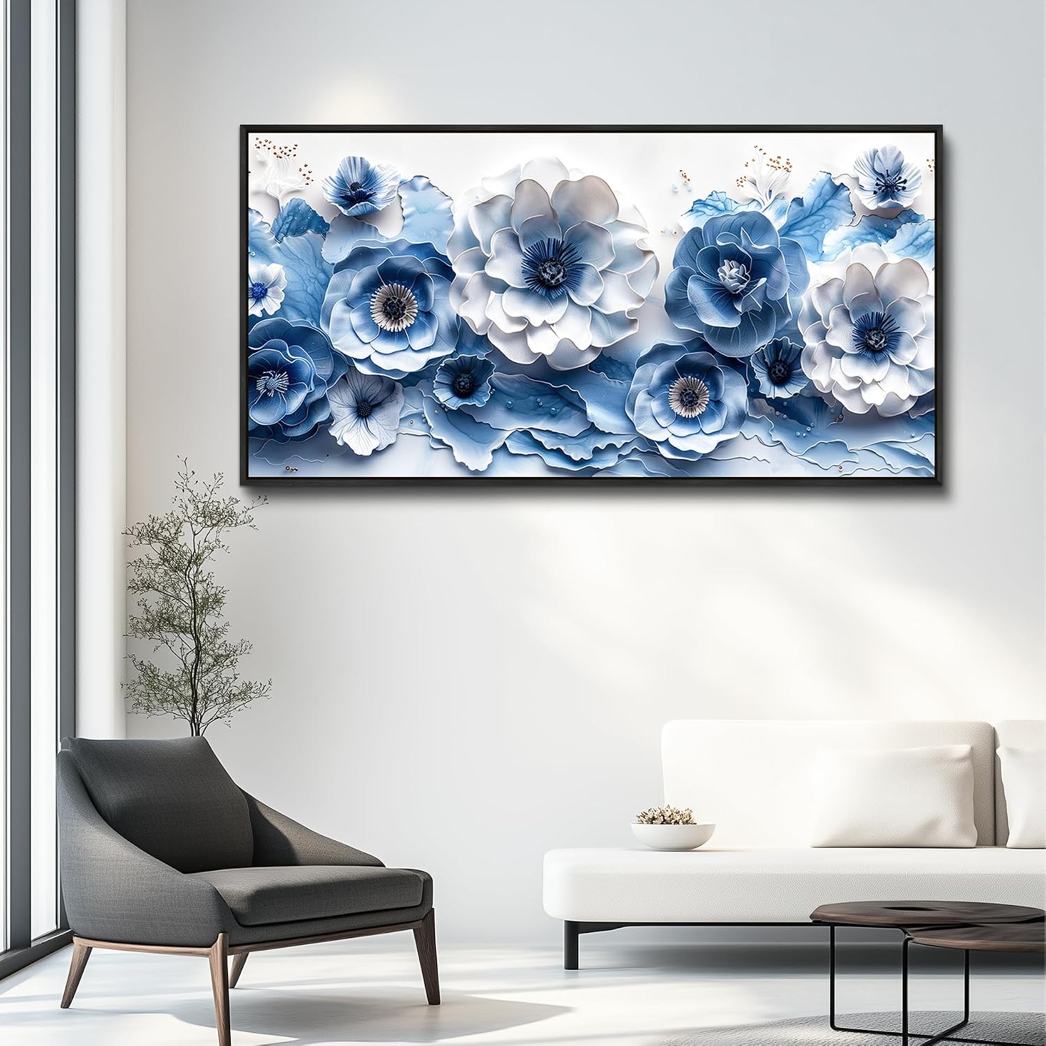 XIGUANGART Large Wall Art for Living Room Blue and White Flower Prints Paintings for Office Modern Black Framed Artwork Floral Pictures Wall Decoration for Bedroom Kitchen Women Aesthetic Home Decor