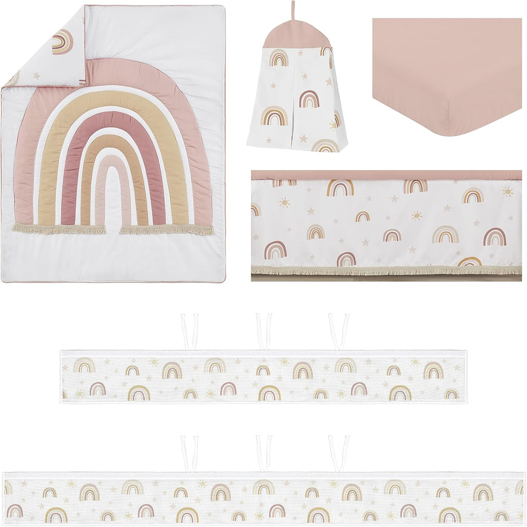Sweet Jojo Designs Boho Rainbow Girl Baby Crib Bedding Set Infant Nursery BreathableBaby Breathable Mesh Crib Liner Blanket Sheet Skirt 6 PC Blush Pink Yellow Bohemian Neutral Vintage Mauve Stars Sun
