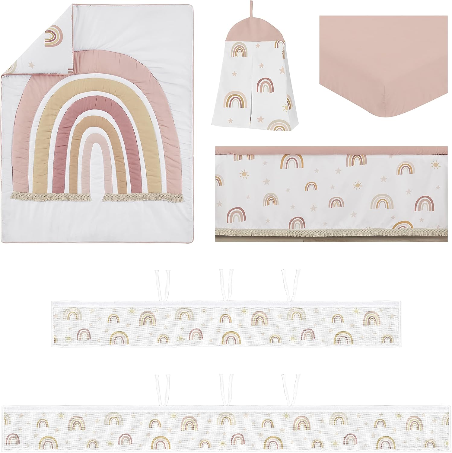 Sweet Jojo Designs Boho Rainbow Girl Baby Crib Bedding Set Infant Nursery BreathableBaby Breathable Mesh Crib Liner Blanket Sheet Skirt 6 PC Blush Pink Yellow Bohemian Neutral Vintage Mauve Stars Sun