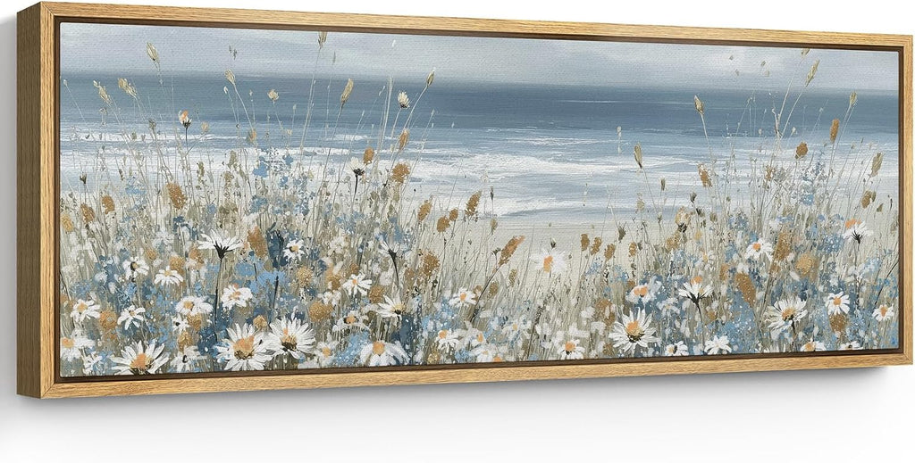SIGNFORD Large Framed Canvas Print Wall Art Coastal Wildflowers Beach Meadow Landscape in Soft Blue and Beige Tones Illustrations Modern Art Relax/Calm Warm for Living Room, Bedroom, Office - 60'x20'