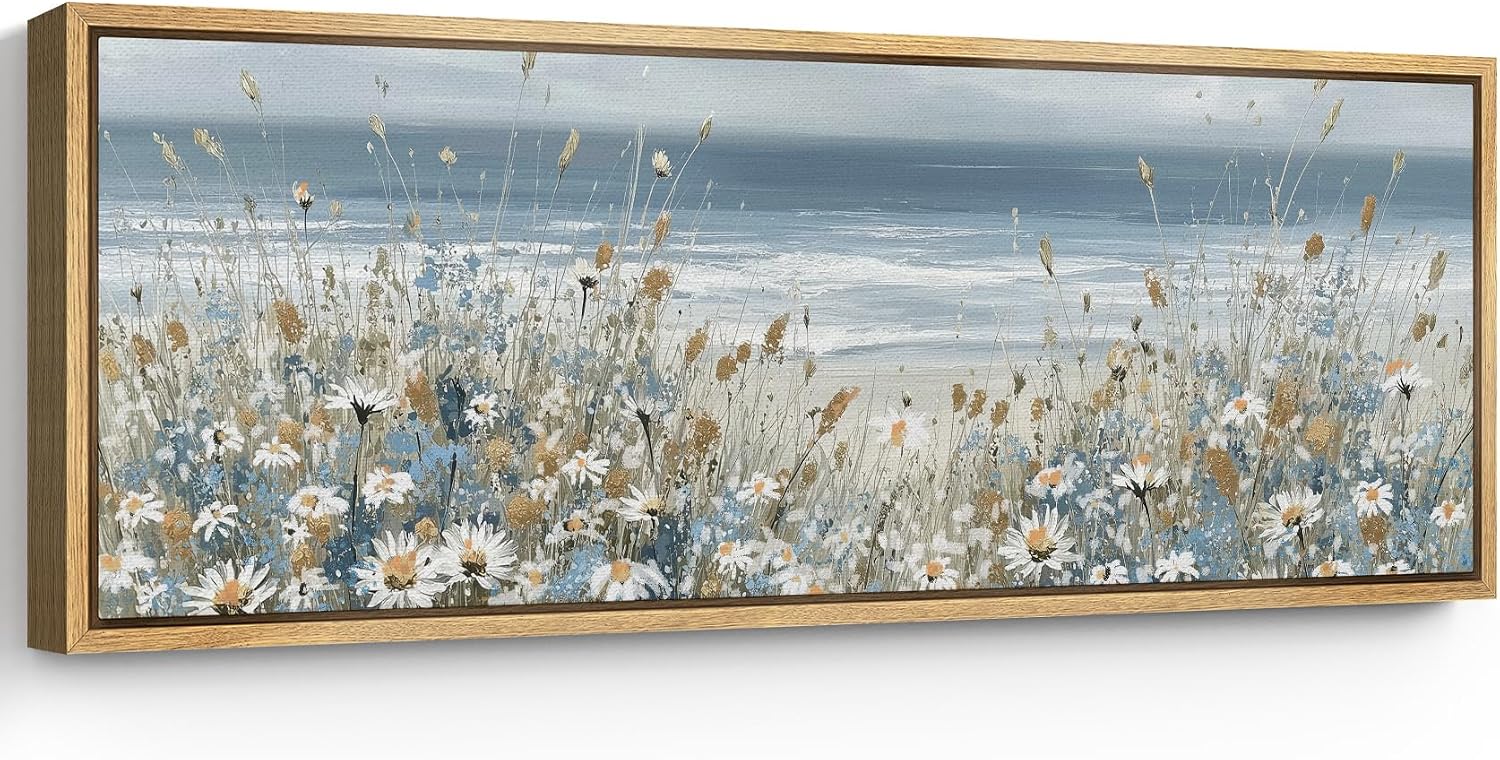 SIGNFORD Large Framed Canvas Print Wall Art Coastal Wildflowers Beach Meadow Landscape in Soft Blue and Beige Tones Illustrations Modern Art Relax/Calm Warm for Living Room, Bedroom, Office - 60'x20'