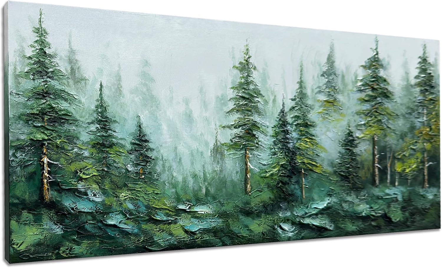 Alenoss Hand Painted Modern 3D Abstract Oil Painting 24x48 Inches Large Forest Landscape Textured Canvas Wall Art Green Artwork for Wall Decoration