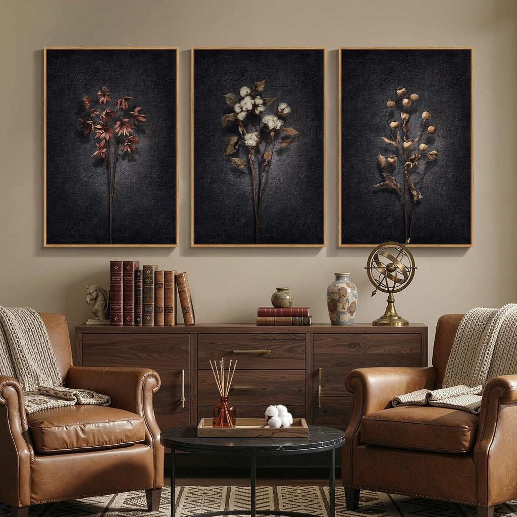 3 Piece Framed Vintage Botanical Wall Art for Living Room, Large Black Retro Floral Canvas Artwork for Walls, Dark Moody Flower Picture Prints Paintings for Kitchen Hallway Wall Decor, 24x36 Inch