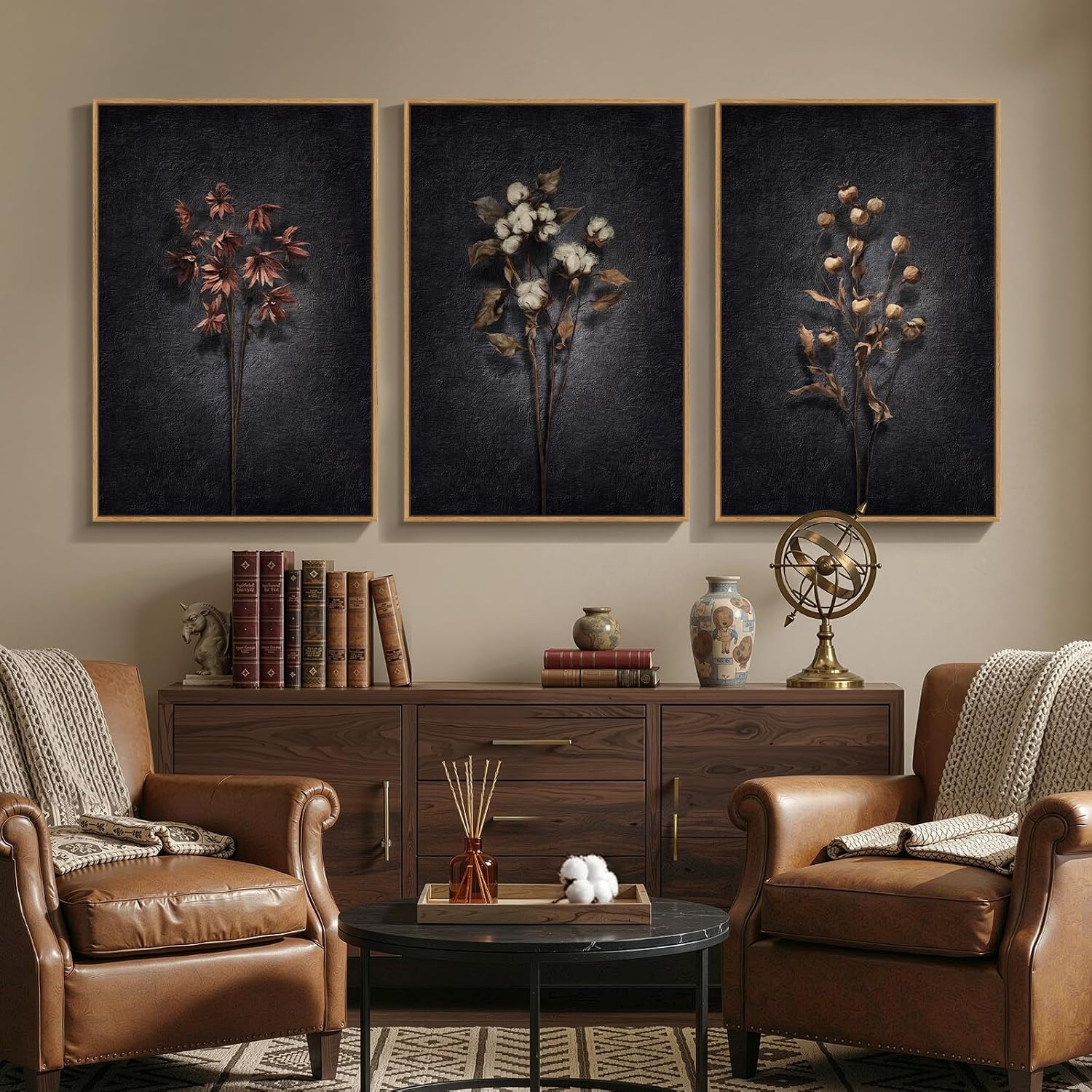 3 Piece Framed Vintage Botanical Wall Art for Living Room, Large Black Retro Floral Canvas Artwork for Walls, Dark Moody Flower Picture Prints Paintings for Kitchen Hallway Wall Decor, 24x36 Inch