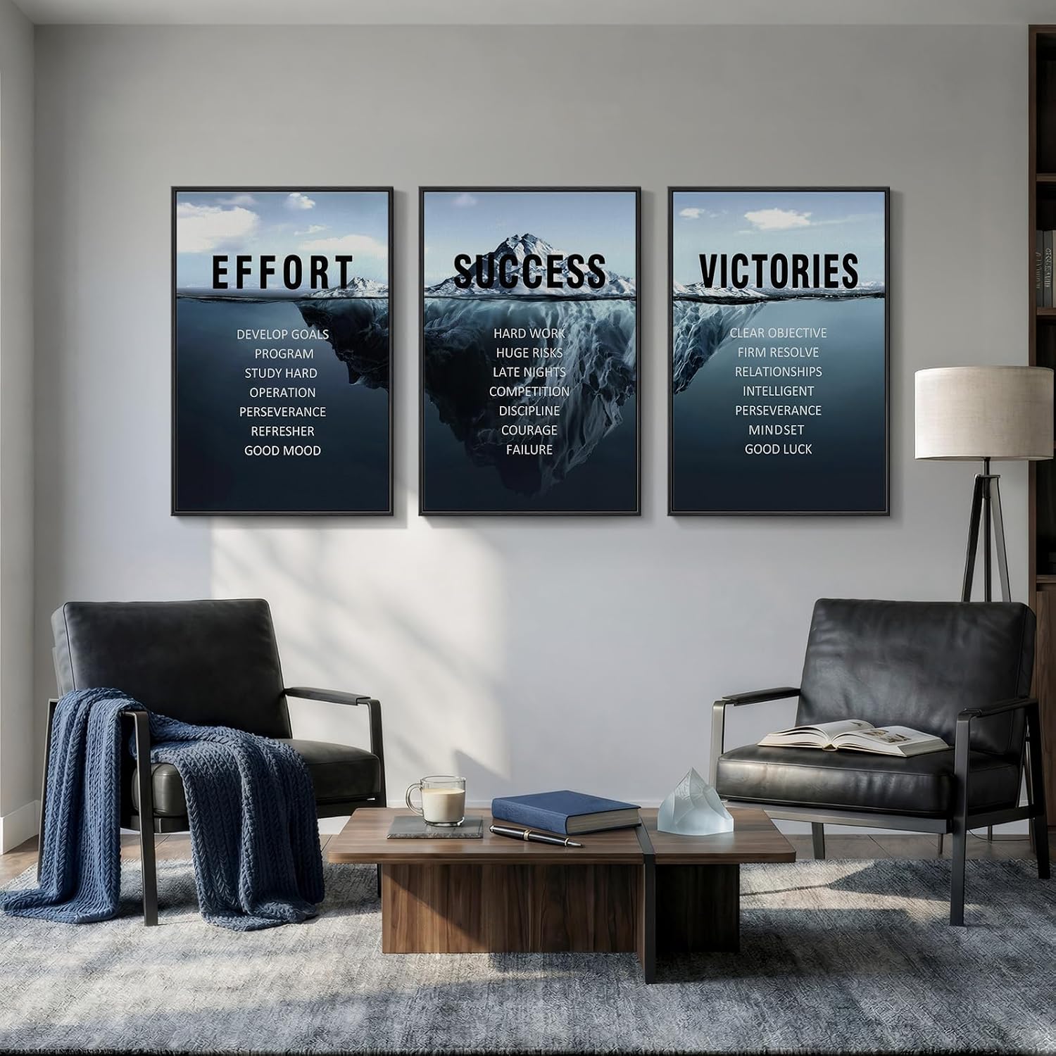 Large Framed Inspirational Wall Art for Office Decor, 3 Piece Modern Navy Blue Motivational Canvas Prints Artwork for Walls, Positive Quotes Pictures for Gym Home Office Library Wall Decor, 24x36 In