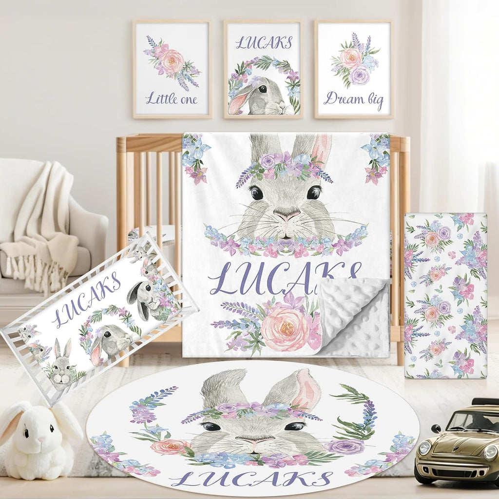 Custom Baby Crib Bedding Set, 5 PCS Personalized Name Baby Crib Sets for Girls Boys, Rabbit Theme Nursery Bedding Sets for Infant Toddler, Double Layer Flannel Bed Set Customized Gifts
