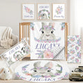 Custom Baby Crib Bedding Set, 5 PCS Personalized Name Baby Crib Sets for Girls Boys, Rabbit Theme Nursery Bedding Sets for Infant Toddler, Double Layer Flannel Bed Set Customized Gifts