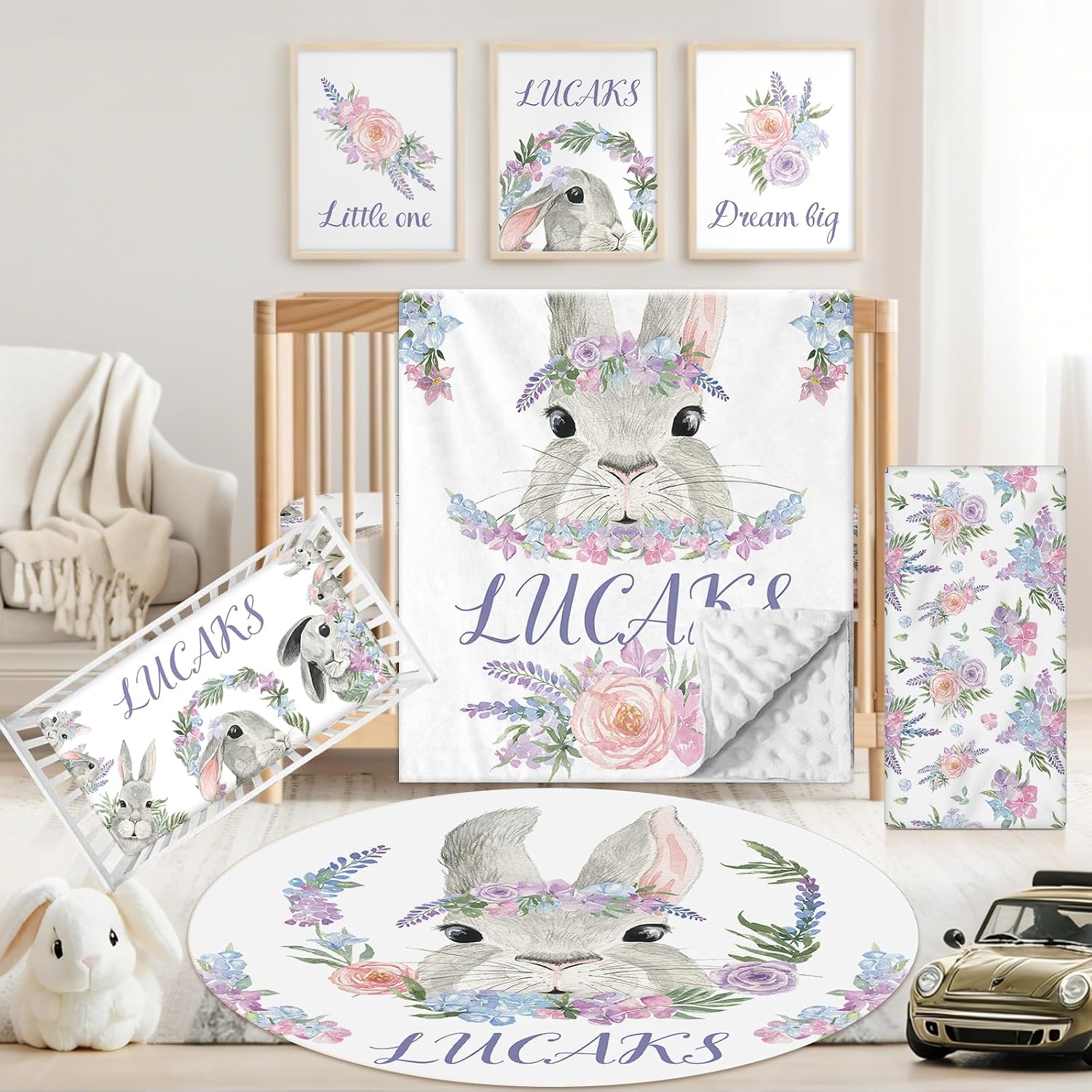 Custom Baby Crib Bedding Set, 5 PCS Personalized Name Baby Crib Sets for Girls Boys, Rabbit Theme Nursery Bedding Sets for Infant Toddler, Double Layer Flannel Bed Set Customized Gifts