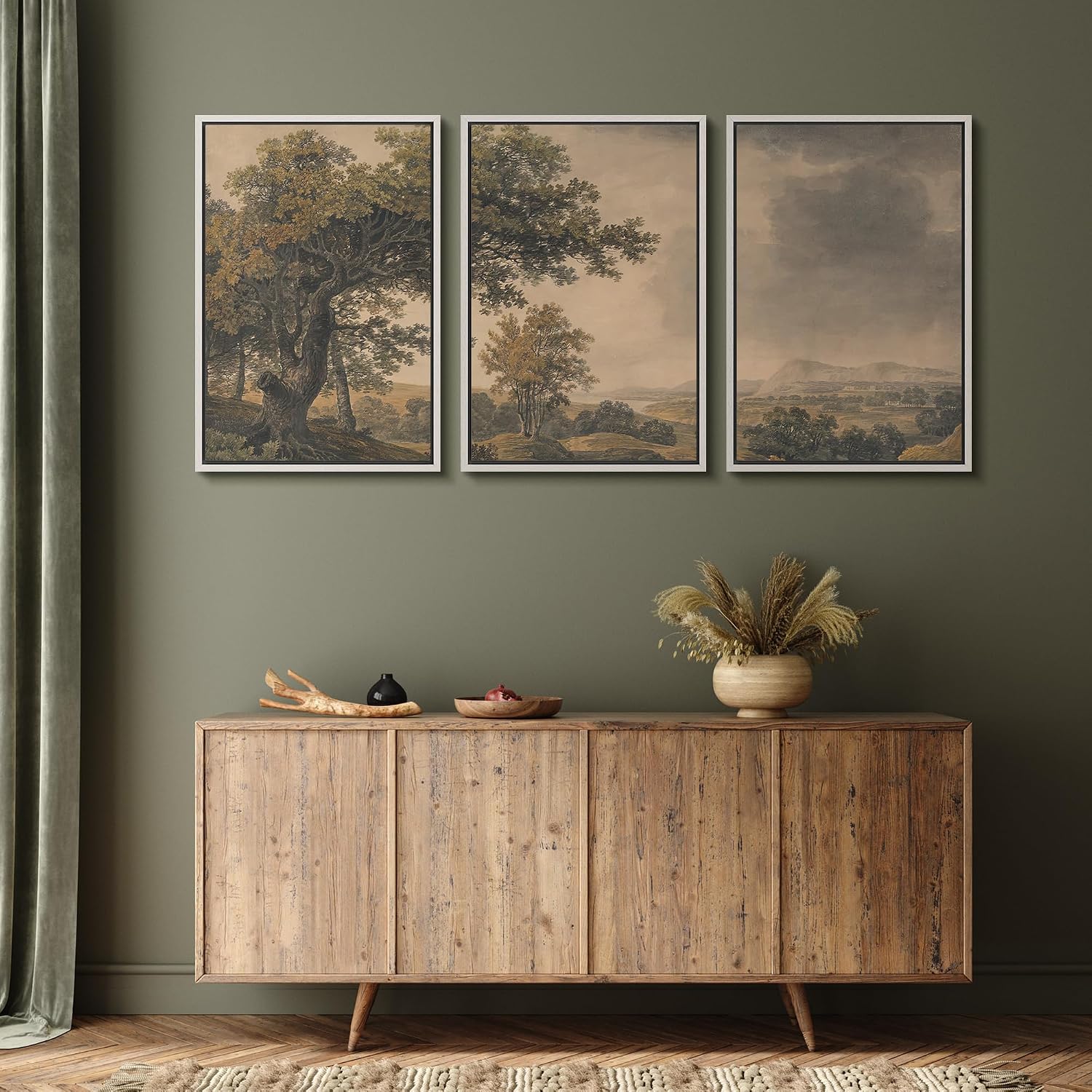 MUDECOR Framed Wall Art Print Set Vintage Landscape Rustic Tree and Mountain View Illustrations Decorative Colorful for Living Room, Bedroom, Office - 24'x36'x3 White