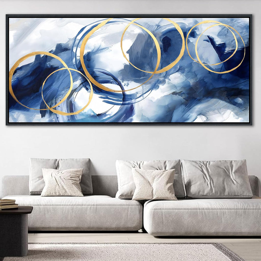 AJAZIKO Blue Abstract Canvas Wall Art Modern Wall Decor Artwork for Walls Living Room Large Painting Office Pictures Navy Gold Contempor Decorations for Bedroom