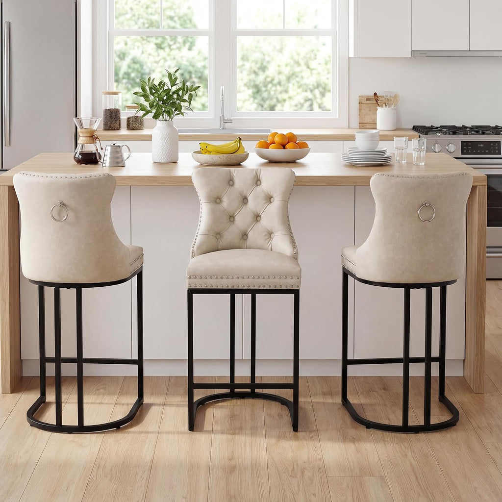 AQO 26 Inch Bar Stools Set of 3, Modern Counter Height Bar Stools with Backs, Upholstered Faux Leather Counter Stools for Kitchen Island, Beige