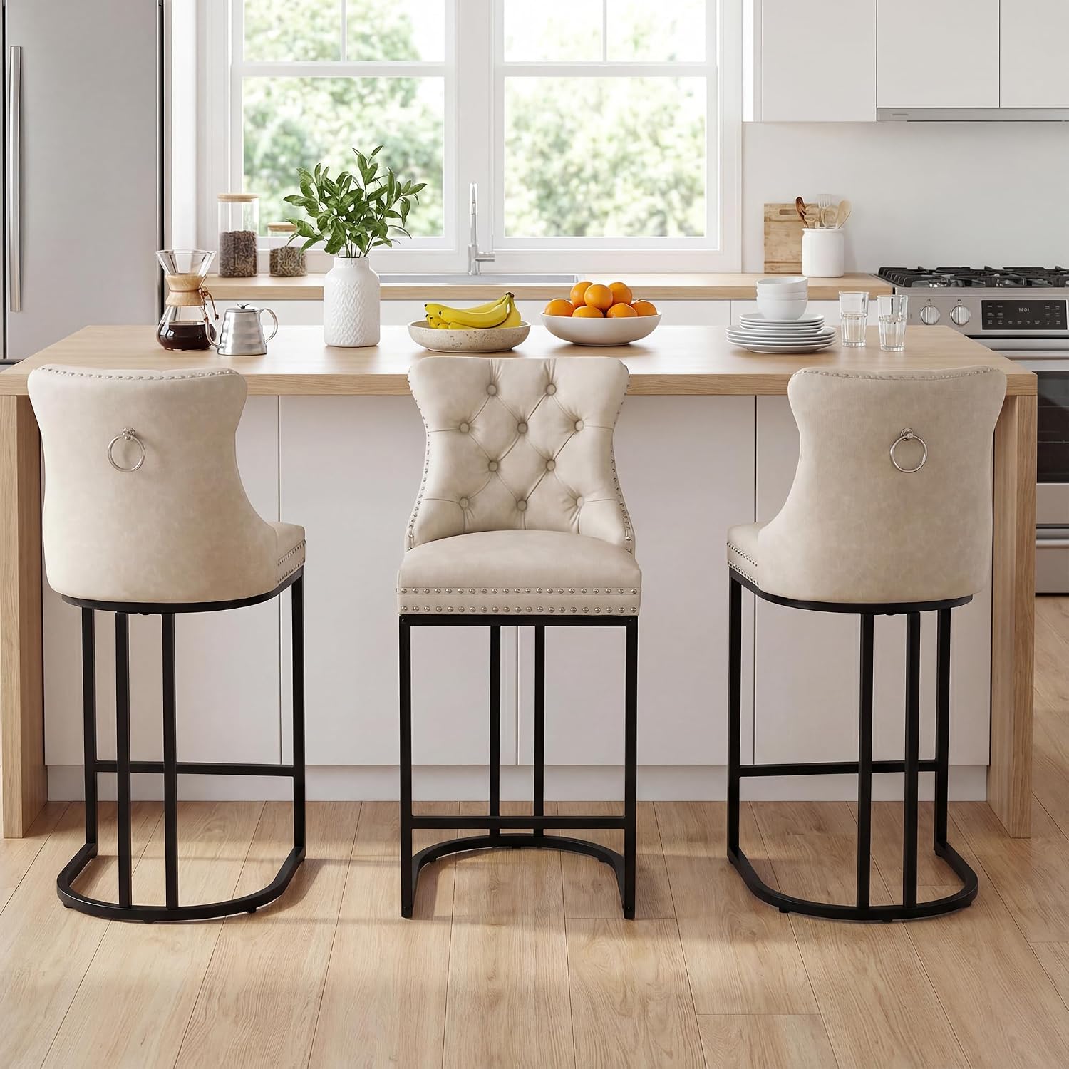 AQO 26 Inch Bar Stools Set of 3, Modern Counter Height Bar Stools with Backs, Upholstered Faux Leather Counter Stools for Kitchen Island, Beige